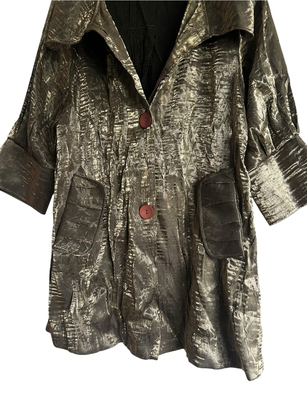 Damee Bronze Gold Ruffle Neck Swing Jacket Size Medium - Picture 4 of 6